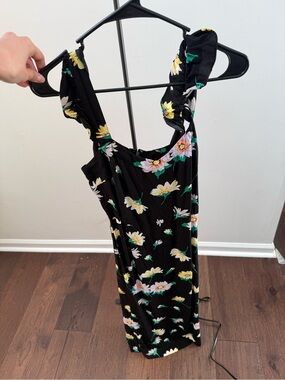 LOFT Black Floral Midi Dress with Yellow & White Blossoms